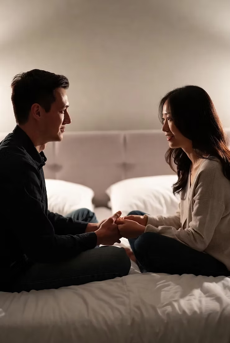 hai người nắm tay nhau ngồi trên giường