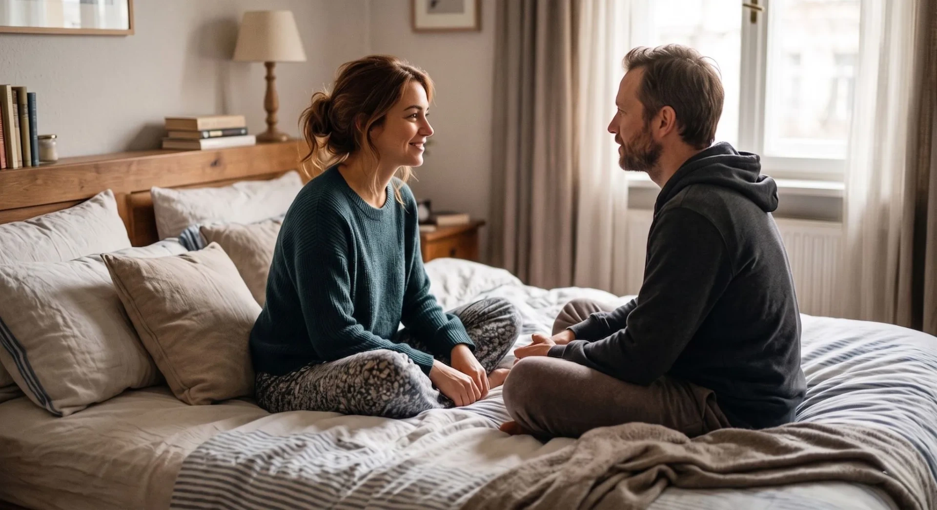 một đôi nam nữ đang giao tiếp bằng ánh mắt trên giường trong phòng ngủ