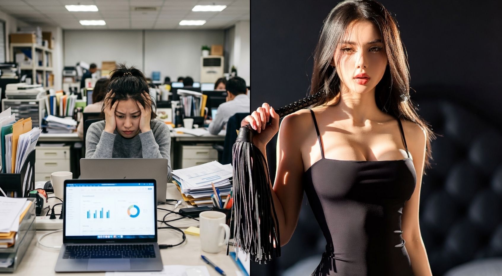 một người phụ nữ mệt mỏi vì công việc và một người phụ nữ với chiếc roi da bdsm quyền lực
